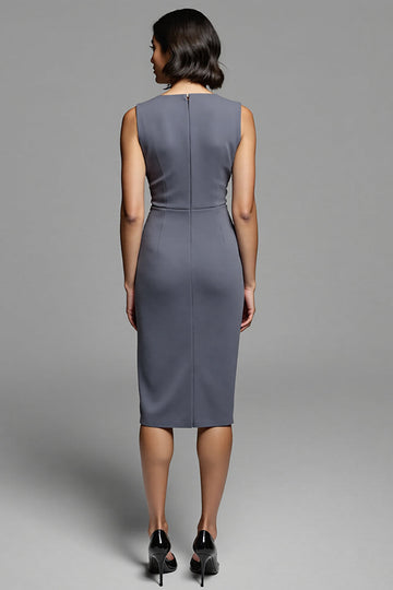 Grey Ruched Bodycon Midi Work Dress With Slit